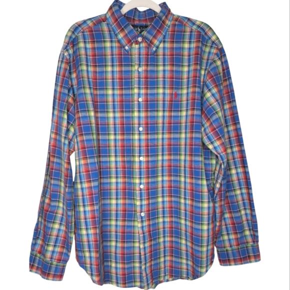 Mens Ralph Lauren Classic Fit Gingham Oxford Linen Blend Shirt Red Blue XL - Picture 1 of 5